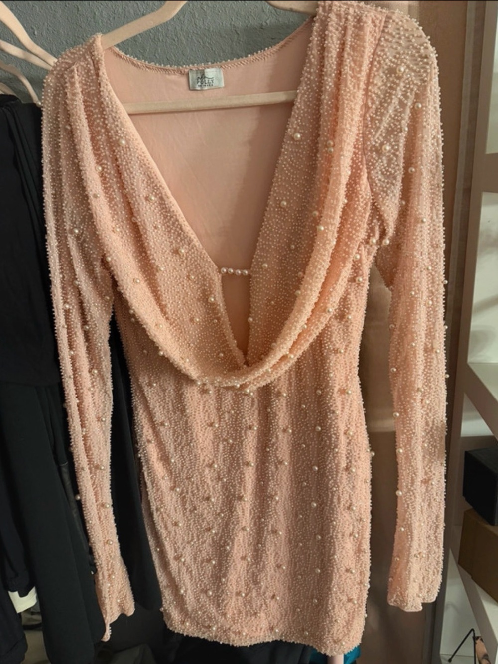 Oh Polly Blush Pearl-Embellished Long Sleeve Cowl Dress